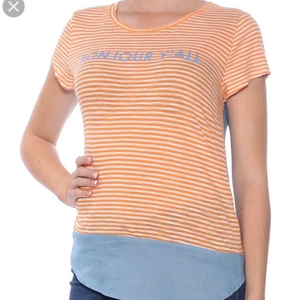 Maison Jules Bonjour Y'All Graphic T Shirt Womens size S Orange Blue & White NEW